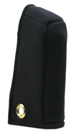 A black fabric sheath with a small circular metal grommet near the bottom.