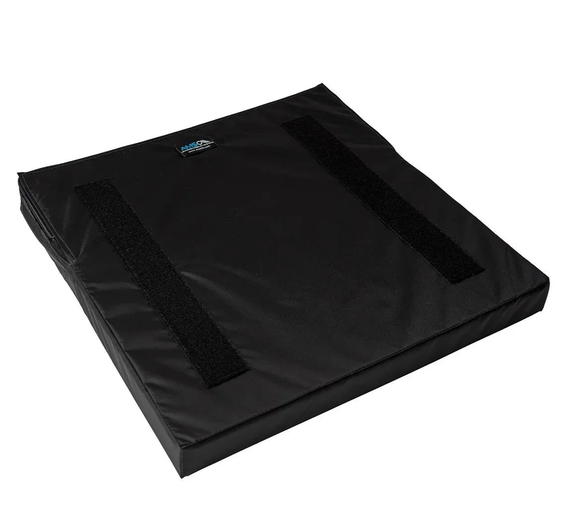 Black protective pad with Velcro straps, branded AMS for electrical or equipment protection.