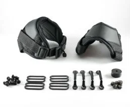 Mounted camera harness with straps, screws, and mounting accessories laid out on a white background.