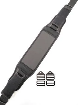 A black adjustable strap with a large rectangular screen area and two small metal grippers or clasps beneath it.