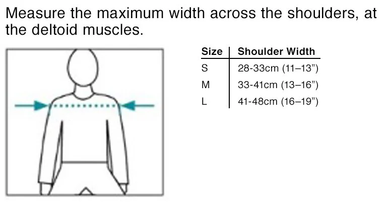 Diagram showing how to measure shoulder width across the deltoid muscles, with a size chart indicating small, medium, and large options.
