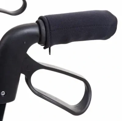 Close-up of a bicycle handlebar with a hand brake lever and a black handle grip.