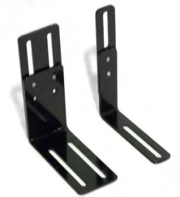 Two black metal L-shaped brackets with elongated slots for mounting.