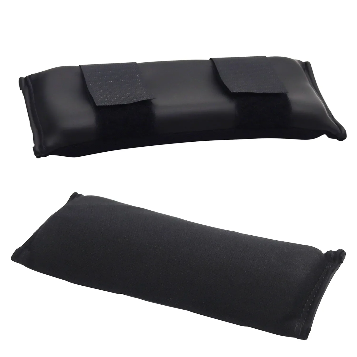 Two black protective arm guards, one with adjustable straps and the other made of fabric.