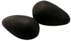 Two black smooth stones or pebbles on a white background.