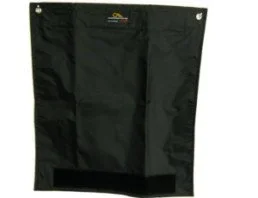 Black drawstring bag with a small logo on the top center.