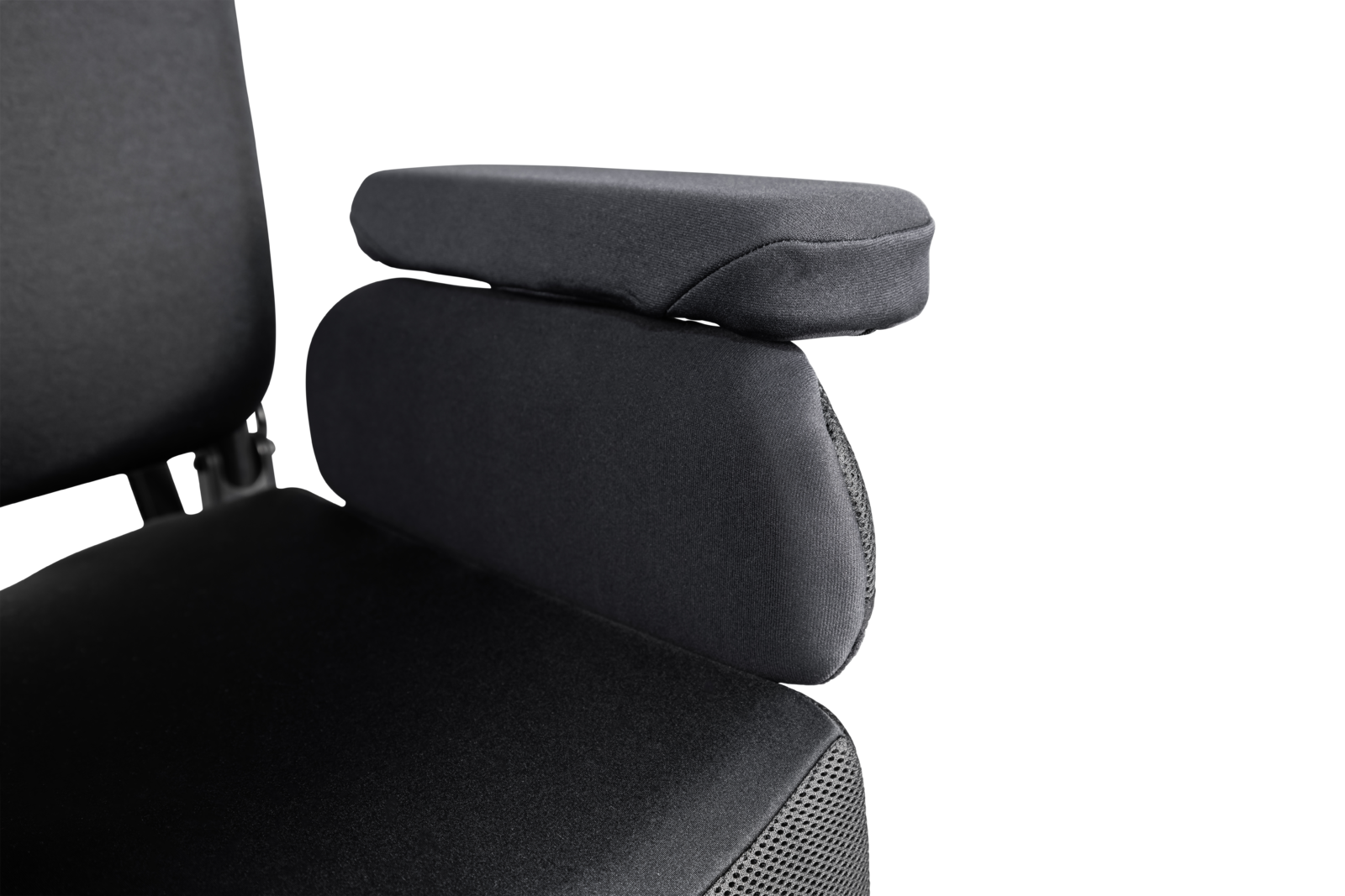 Close-up of a black ergonomic office chair with adjustable headrest and lumbar support.