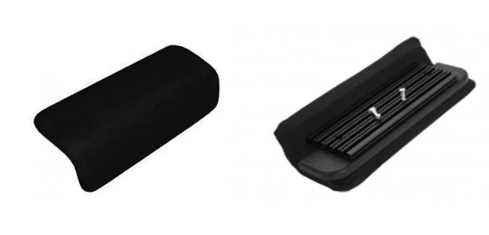 Black eyeglass or sunglass case and a black eyeglasses cleaning or storage case with multiple compartments.