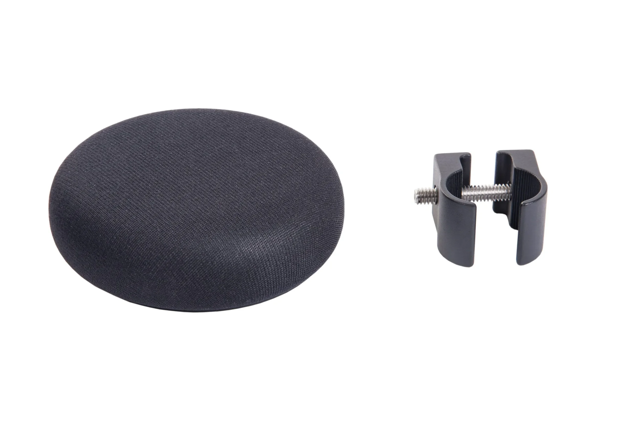 A black cylindrical speaker with a fabric cover and a black mount clamp with screw for attachment.