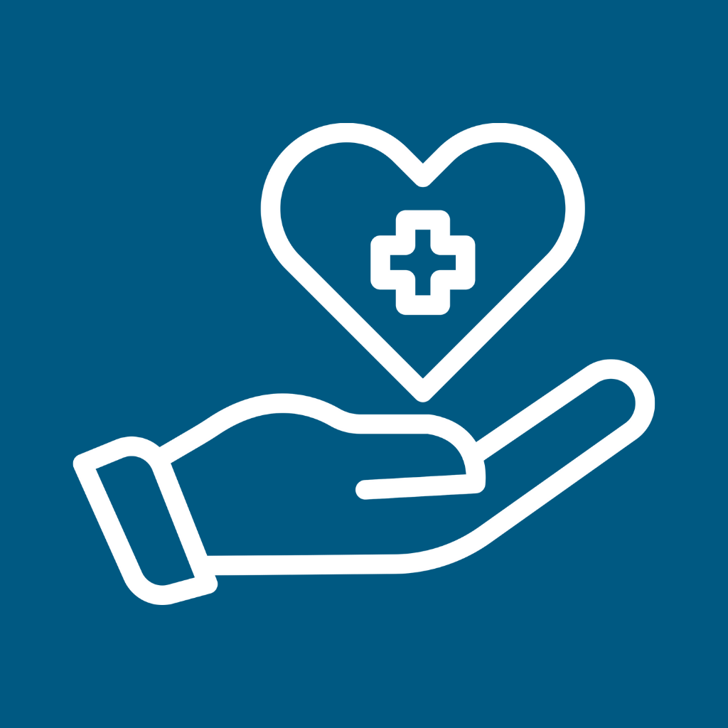 Icon of a hand holding a heart with a medical cross inside.