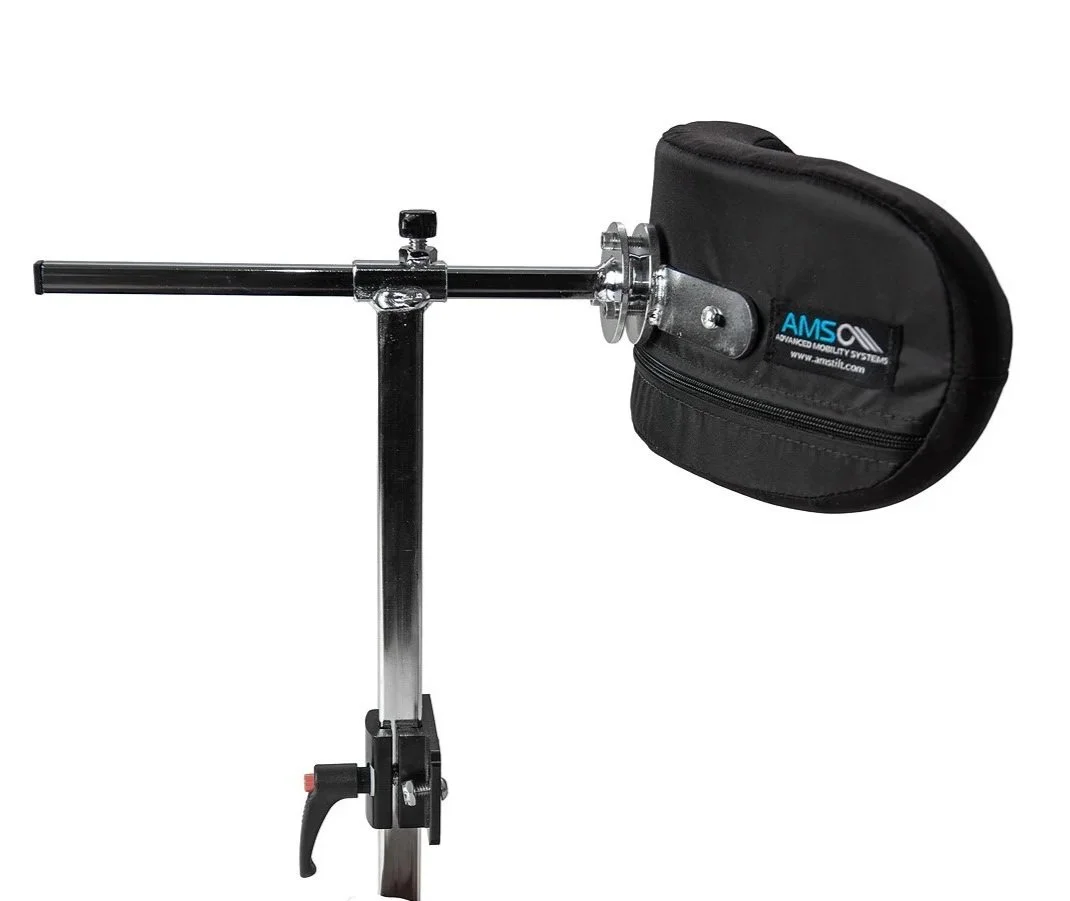 A black medical bag attached to a metal stand with adjustable height, labeled 'AMS' and 'Advanced Mobility Systems,' positioned on a white background.