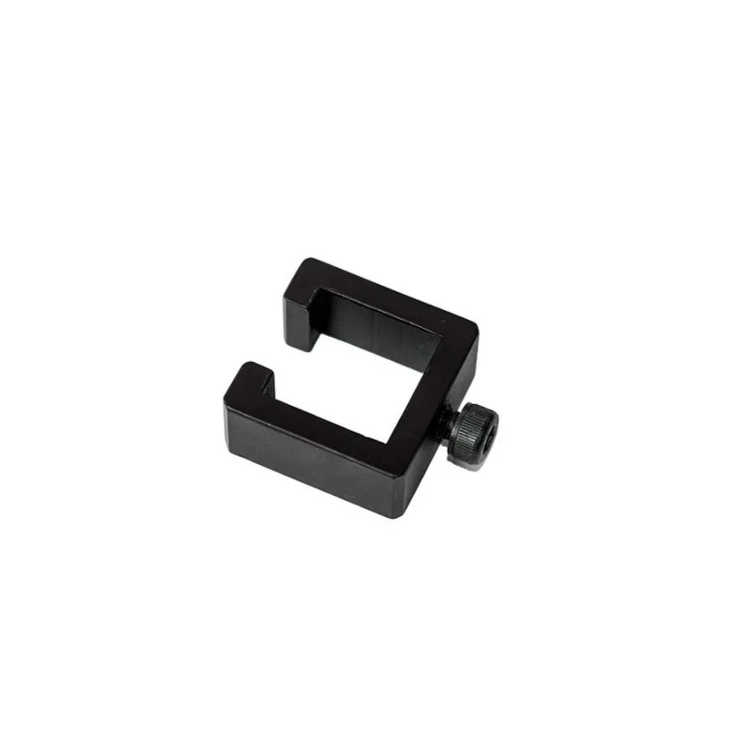Black square-shaped clamp with a screw adjustment on the side.