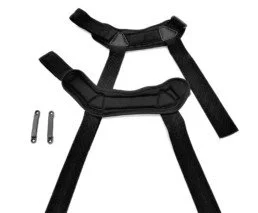 A black harness with adjustable straps and two small metal clips.