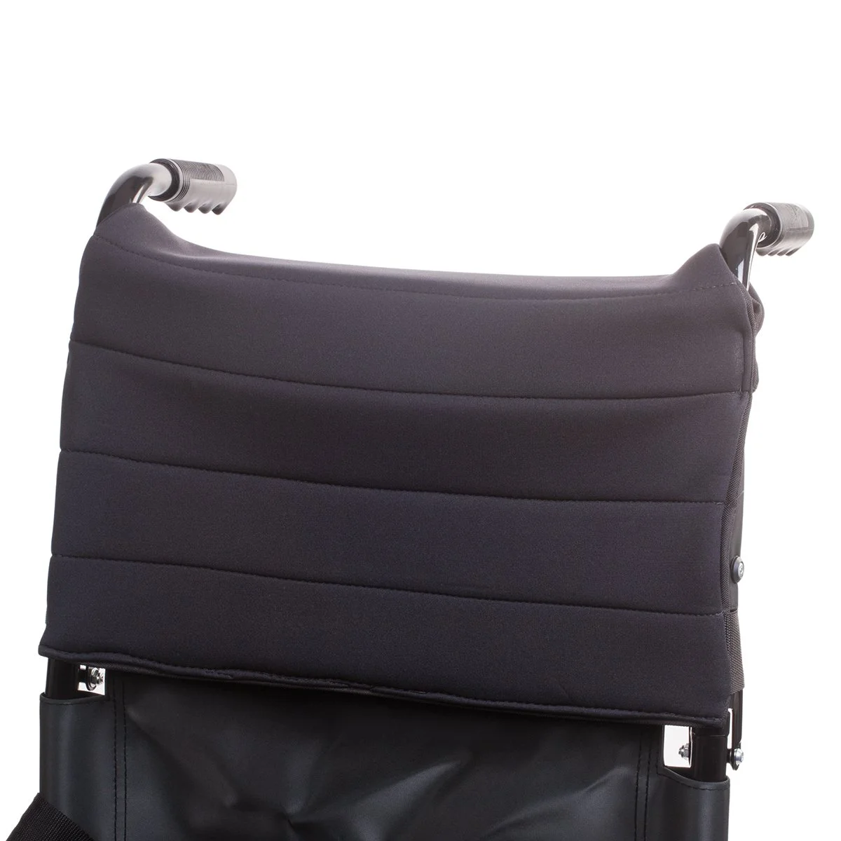 A black padded headrest or cushion attached to a wheelchair.