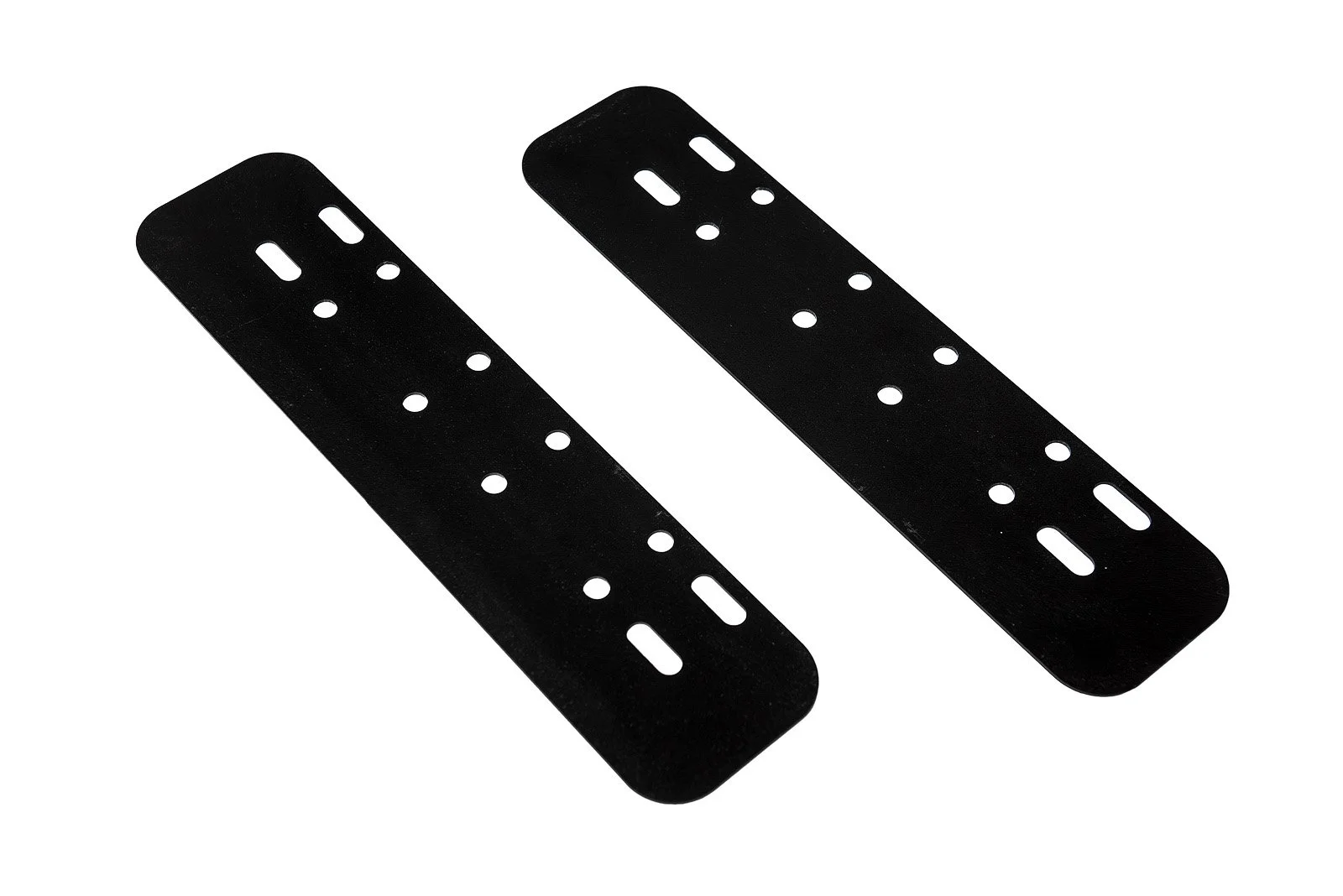 Two black metal mounting brackets with multiple holes for screws, placed side by side on a white background.
