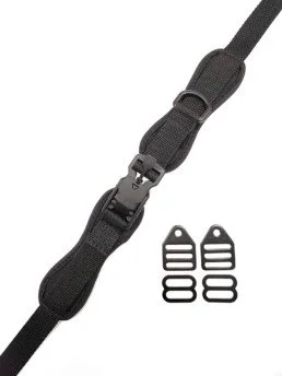 Camera strap with two metal clips and loops, black strap with adjustable buckle.