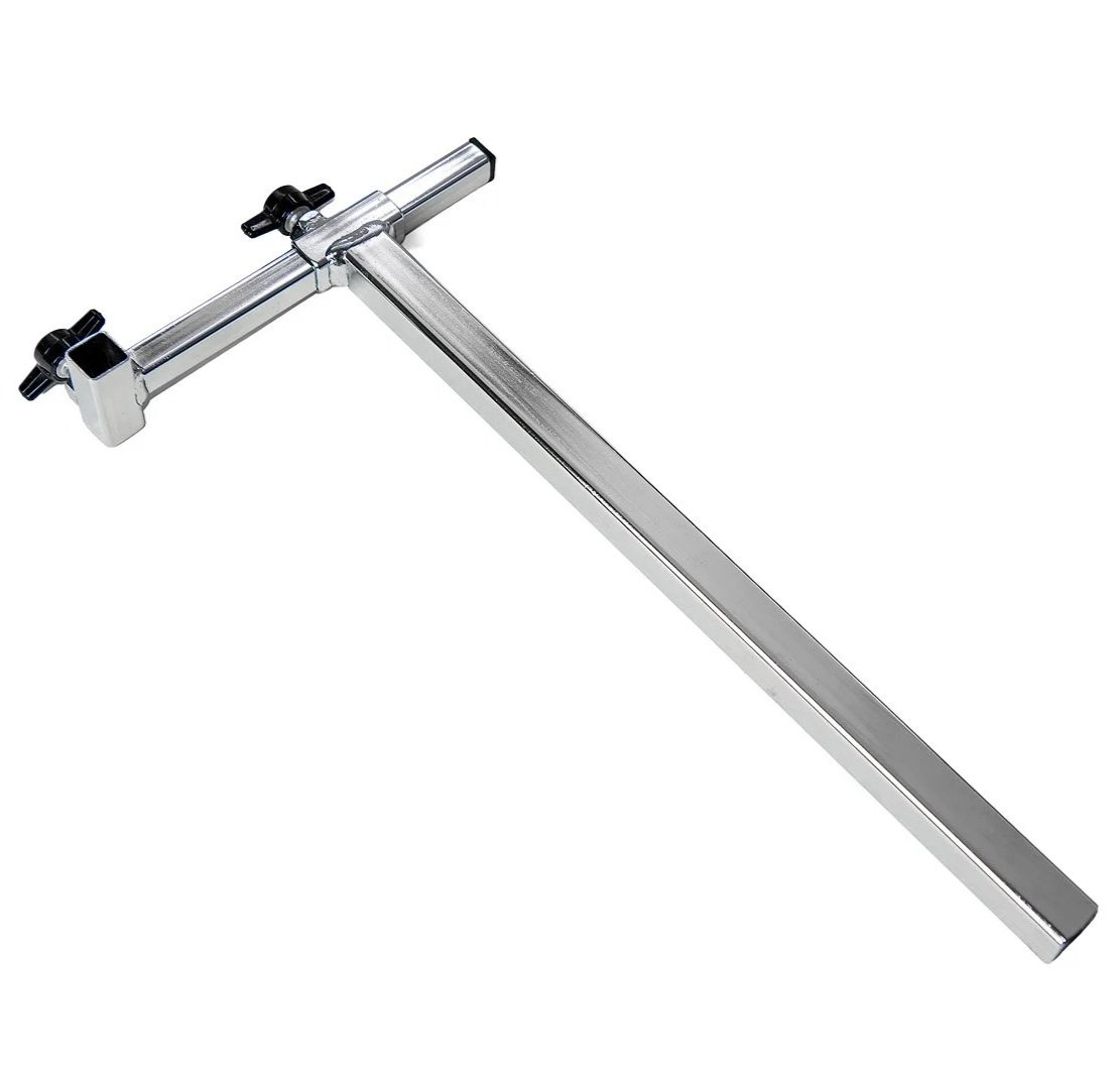 A metal T-square like drafting tool with a long ruler and adjustable head, used for technical drawing.