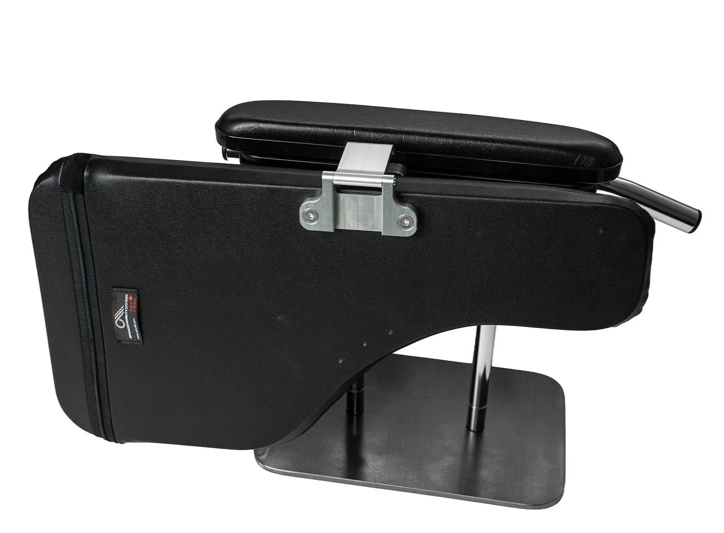 Medical examination or treatment chair with black upholstery, metal support, and attached padded armrest.