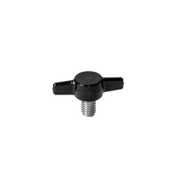 A black and silver screw with a round top and two flat wings attached to the sides.