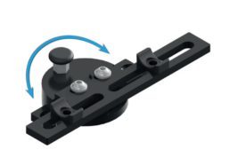 Mechanical assembly with a black elongated component, a small black knob, and two metal screws, featuring a blue arrow indicating a rotate motion.