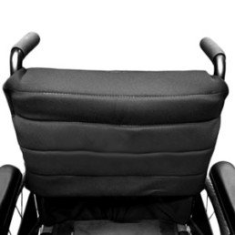Back view of a black wheelchair with padded armrests.