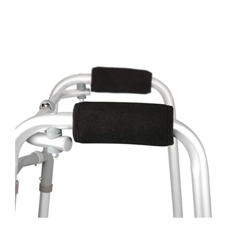 A white walker with black padded arm rests and hand grips, likely a medical walker for mobility assistance.