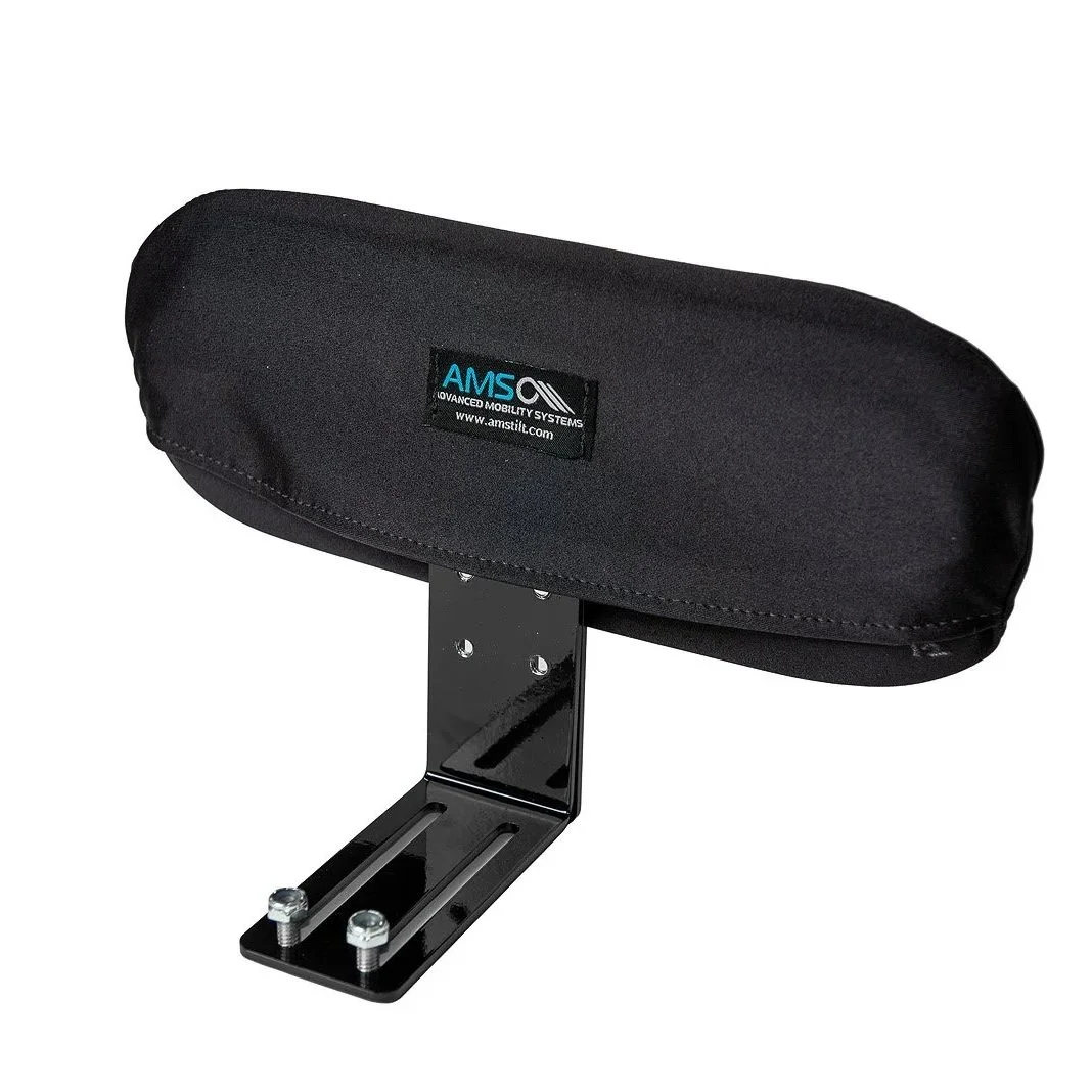 Black mount or support stand with padded headrest labeled AMS for mobility systems.