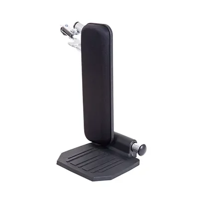 Black office chair armrest with a mounting clamp and a footrest base.