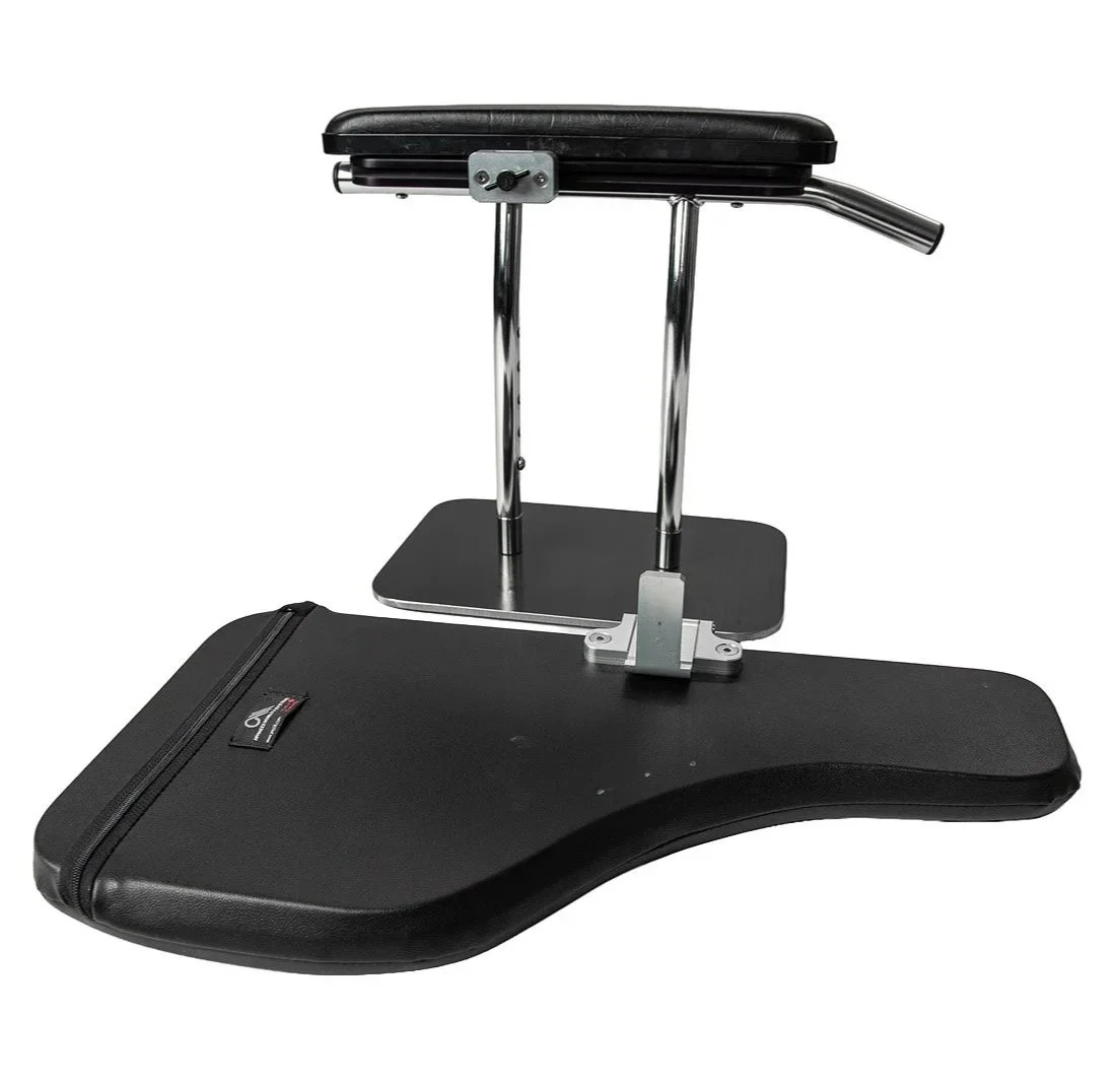 A medical stretcher with a padded black surface and a metal frame, and a black carry case underneath.