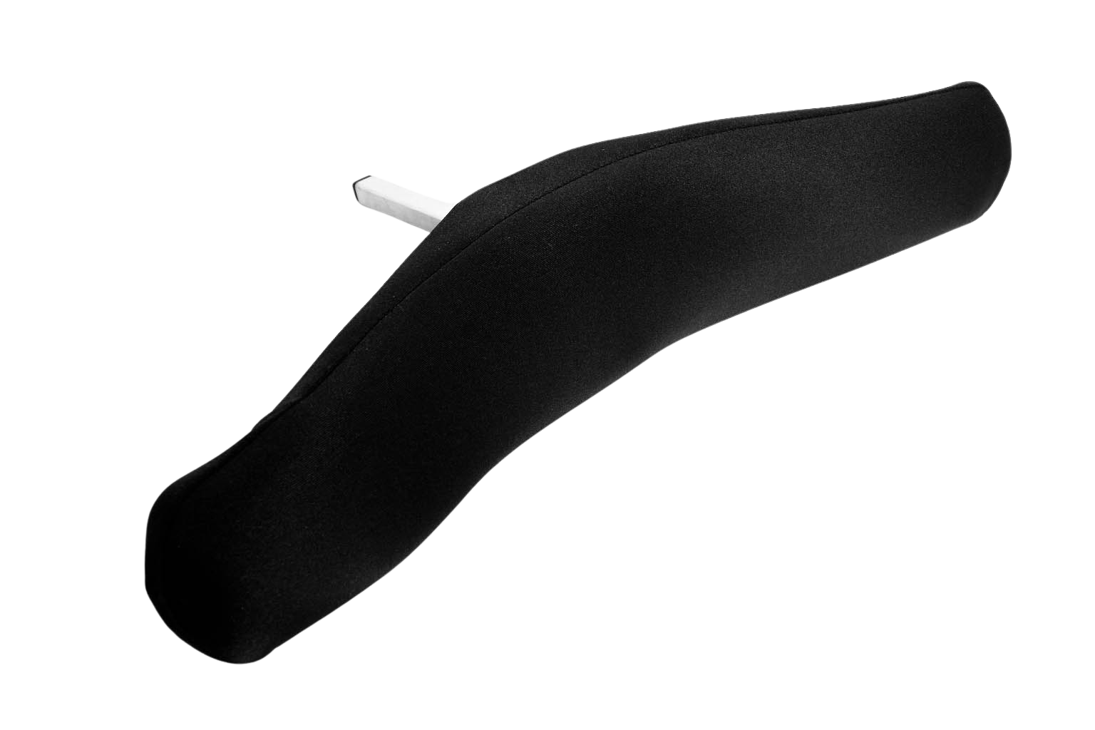 Rear view of a black, padded office or gaming chair with a white metal support visible on the top left.