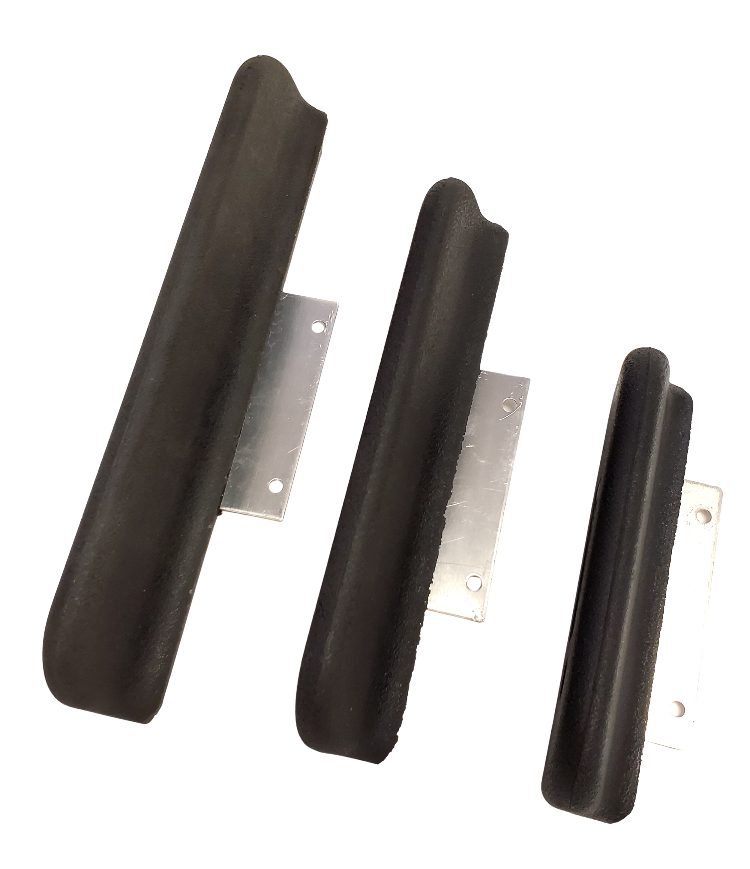 Three black foam door bumpers with metal mounting brackets against a black background.