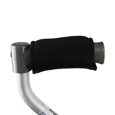Part of a mobility cane with a black handle grip and metallic shaft.