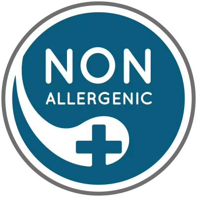 Close-up of a circular badge that reads 'NON ALLERGENIC' with a medical cross symbol at the bottom.