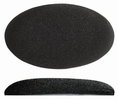 A black, oval-shaped pumice stone with a rough surface for exfoliating skin.