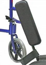 A blue wheelchair with a black padded backrest and footrest.