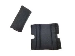 Two black wrist supports or braces, one with a sleeve and the other with a strap.