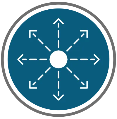 A circular icon with arrows pointing outward in all directions from the center, representing a compass or navigation symbol.