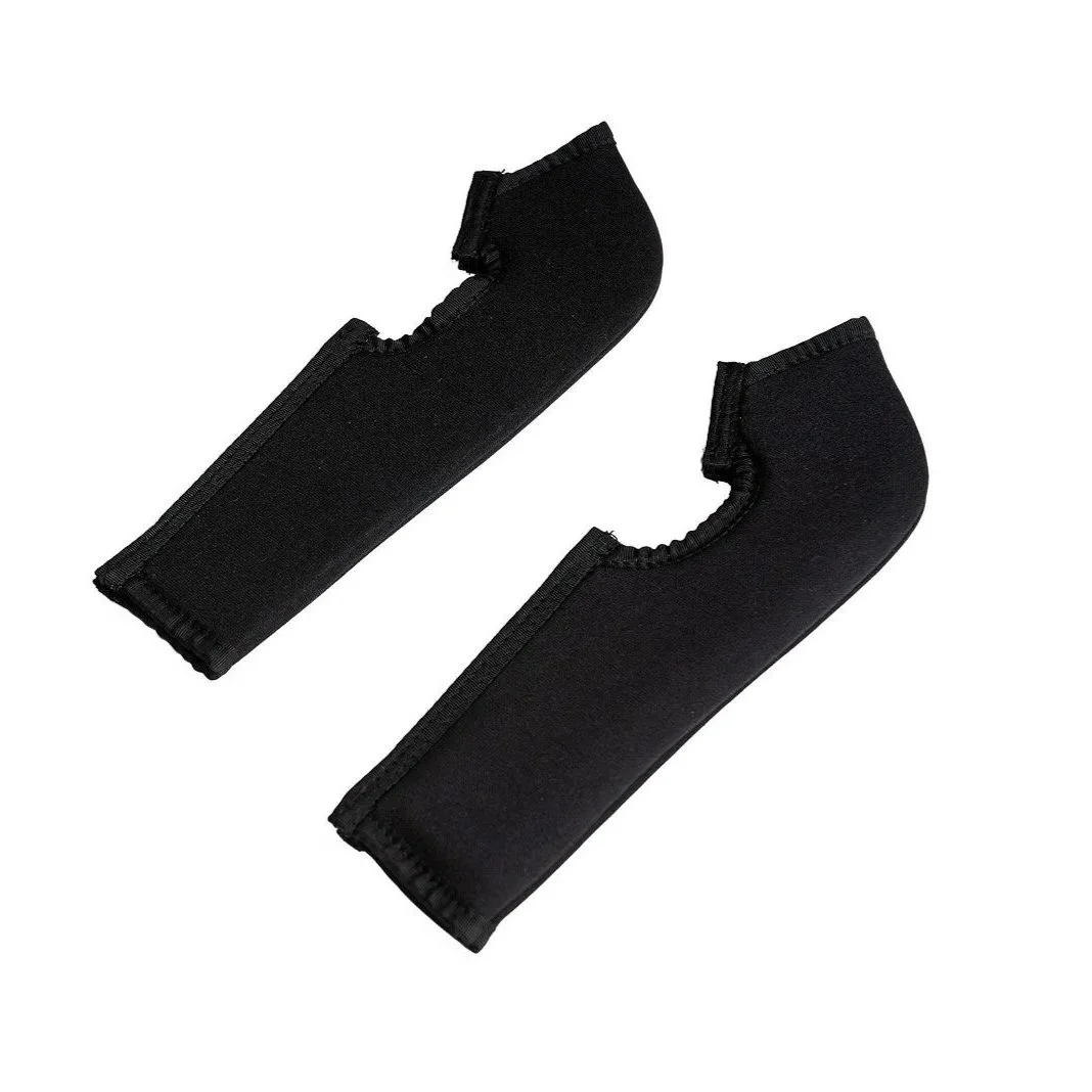 Pair of black wrist wraps or gloves designed for support during weightlifting or exercise.