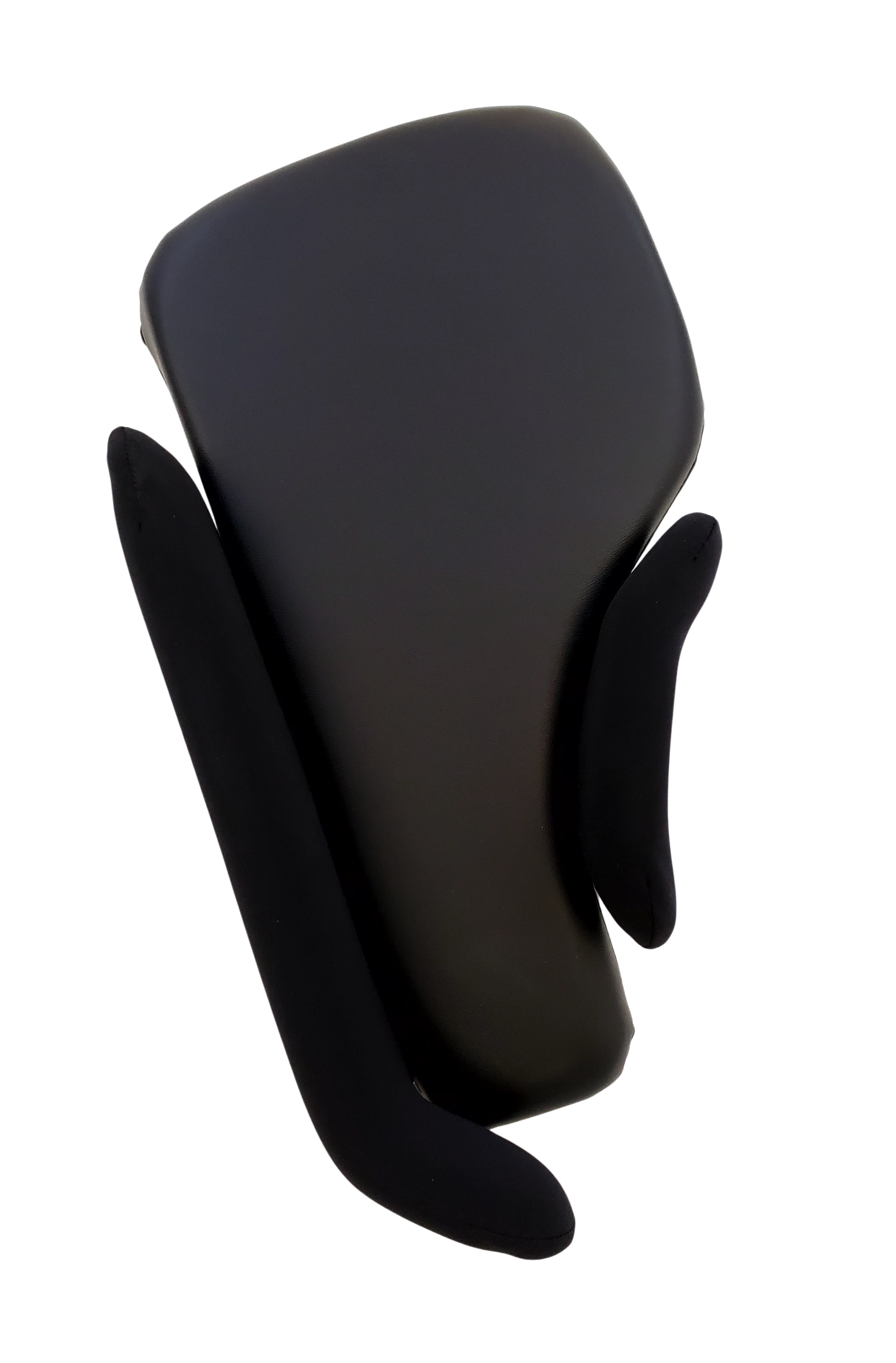 Black car headrest with side supports observed from a side angle.