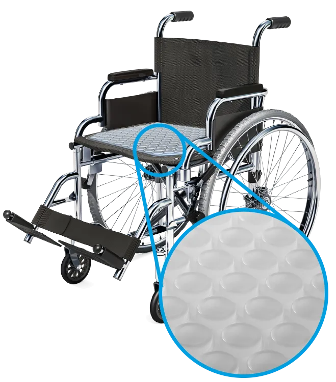 A wheelchair with a close-up view of dimensional gel pad