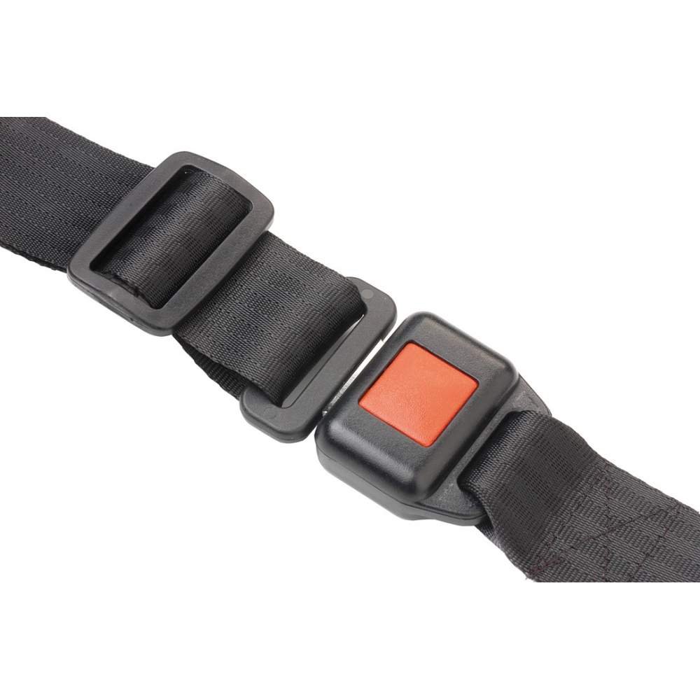 A close-up of a black strap with an adjustable buckle and a black plastic buckle with a red release button.