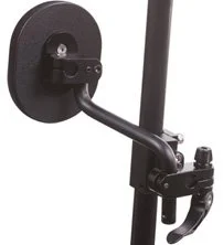 Side view of a black adjustable microphone boom arm mounted on a black stand.