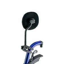 A bicycle with a mounted round mirror attached to the handlebar.