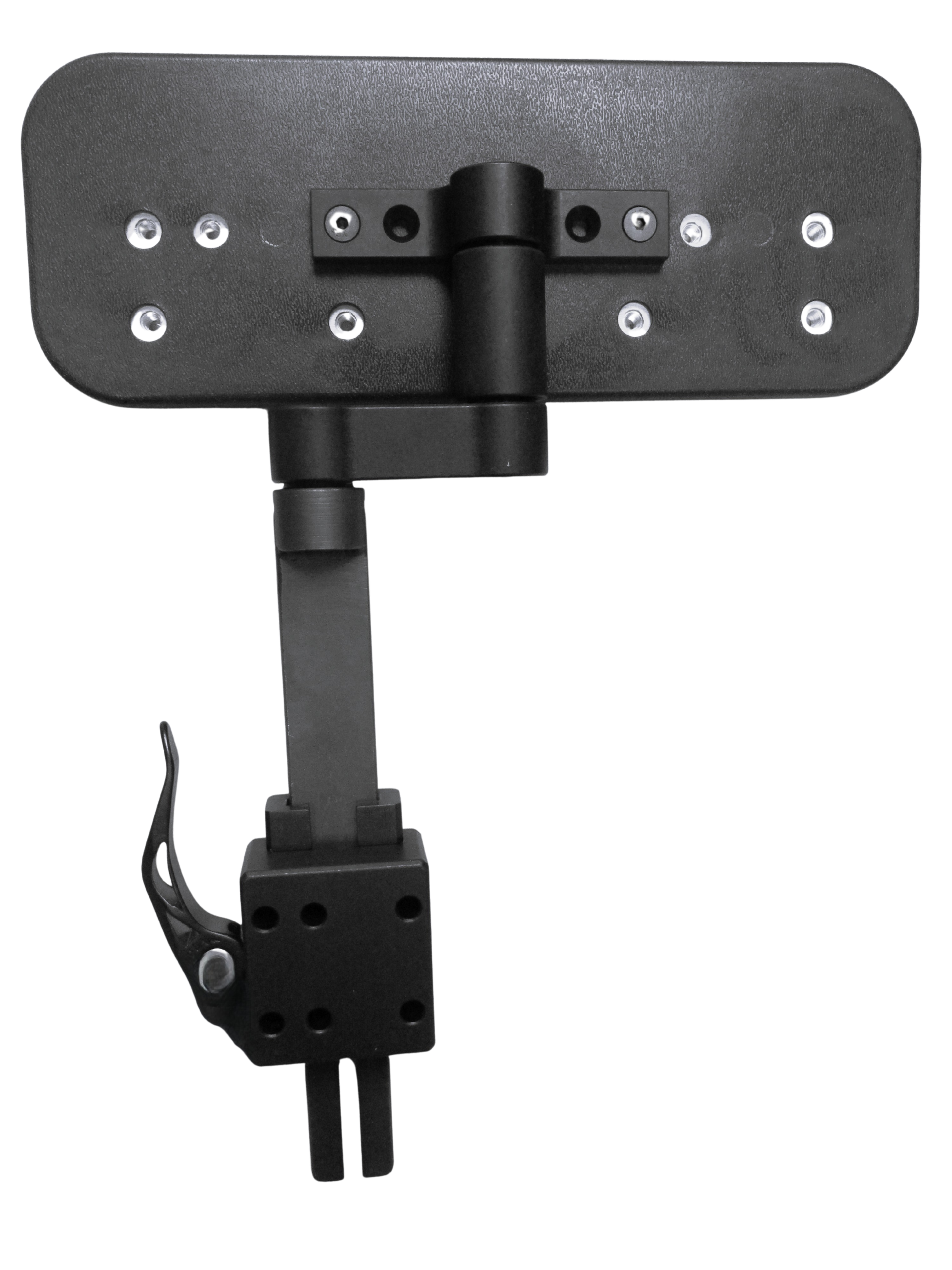 A black mounting bracket with a vertical adjustable arm, attachment points with hole patterns, and a mounting plate at the top.
