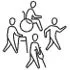 Simple line drawing of five people, some holding briefcases, in various active poses.