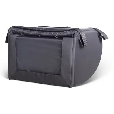 A gray and black bicycle saddle bag with a zippered compartment