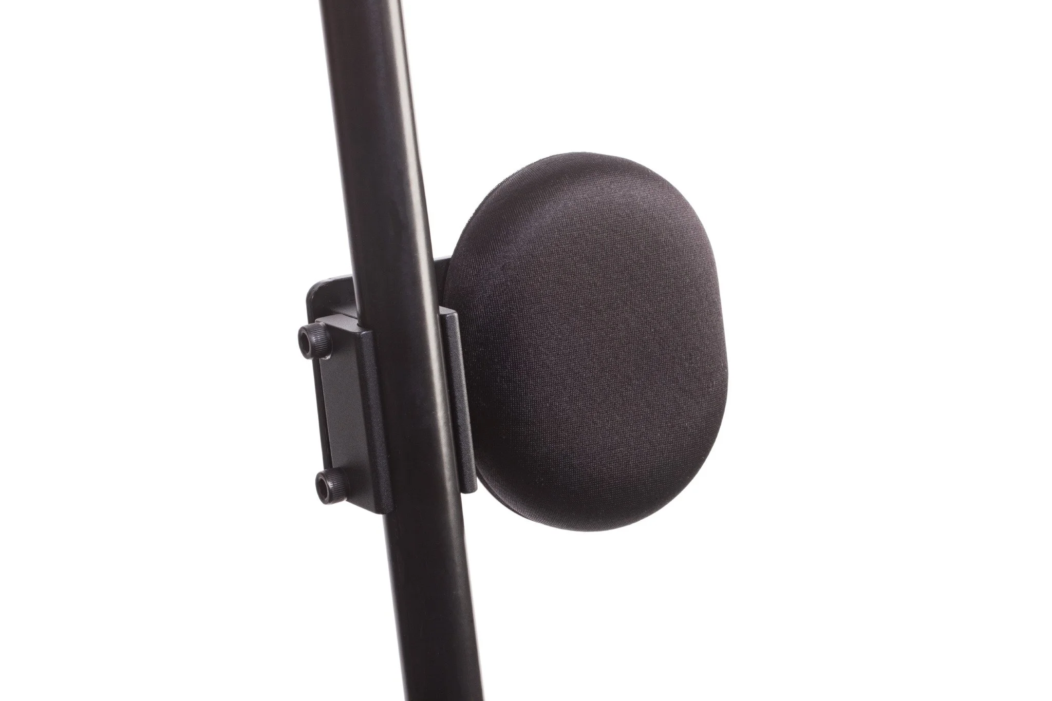 Close-up of a black microphone attached to a stand against a white background.