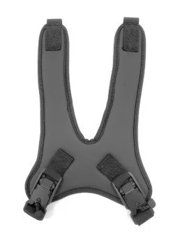Back view of a gray adjustable camera harness with straps and buckles.
