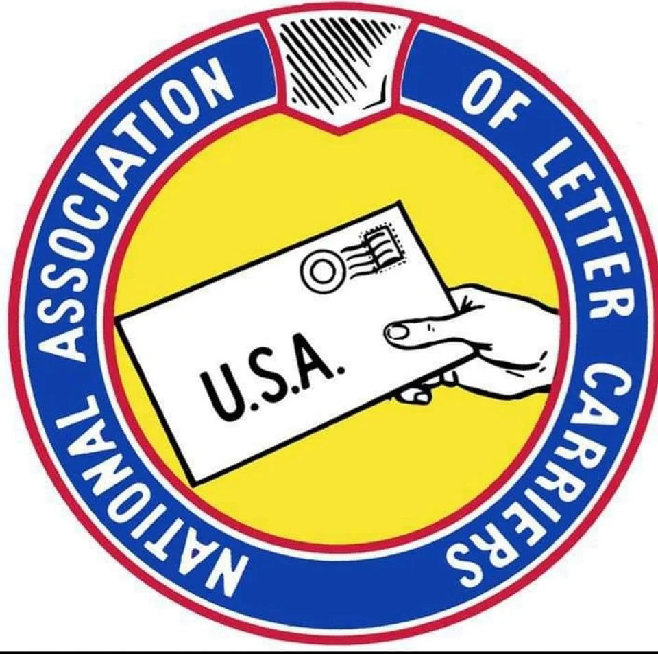 Logo of the National Association of Letter Carriers. It features a hand holding an envelope labeled "U.S.A." inside a yellow circle, bordered by a blue ring with the organization's name in white text.