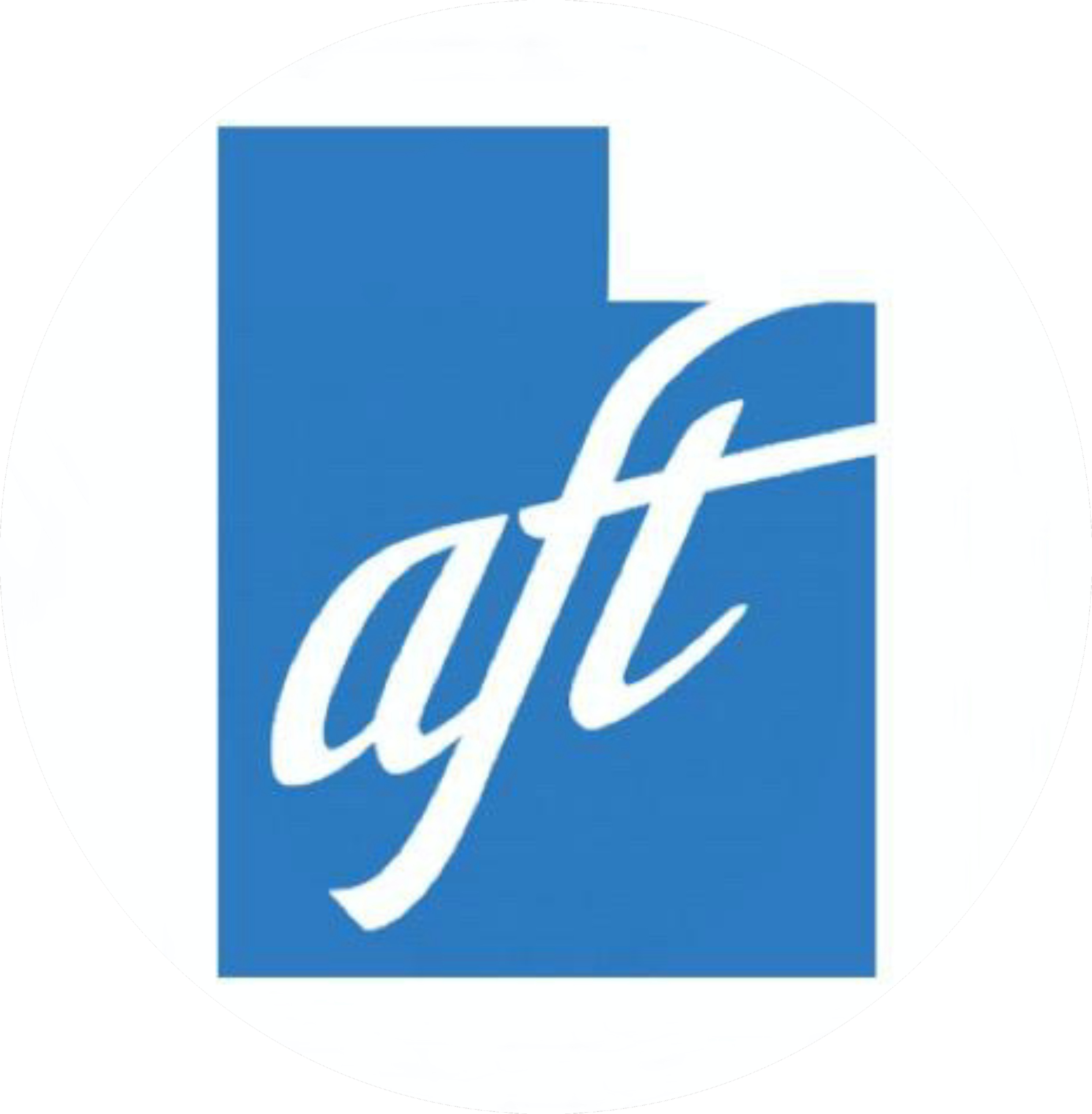 Logo of the American Federation of Teachers (AFT) in blue and white, with the acronym "aft" in lowercase cursive letters at the center of a blue shape resembling a geographical outline of the state of Utah